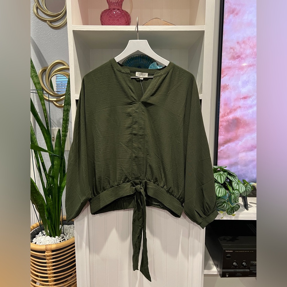 Chenault NWOT Olive V-Neck Front-tie Top with Dolman Sleeves